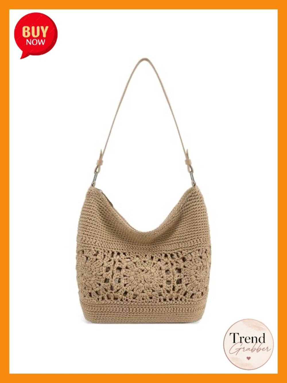 Hand Crochet Hobo Bag Woven Boho Shoulder Purse with Leather Strap